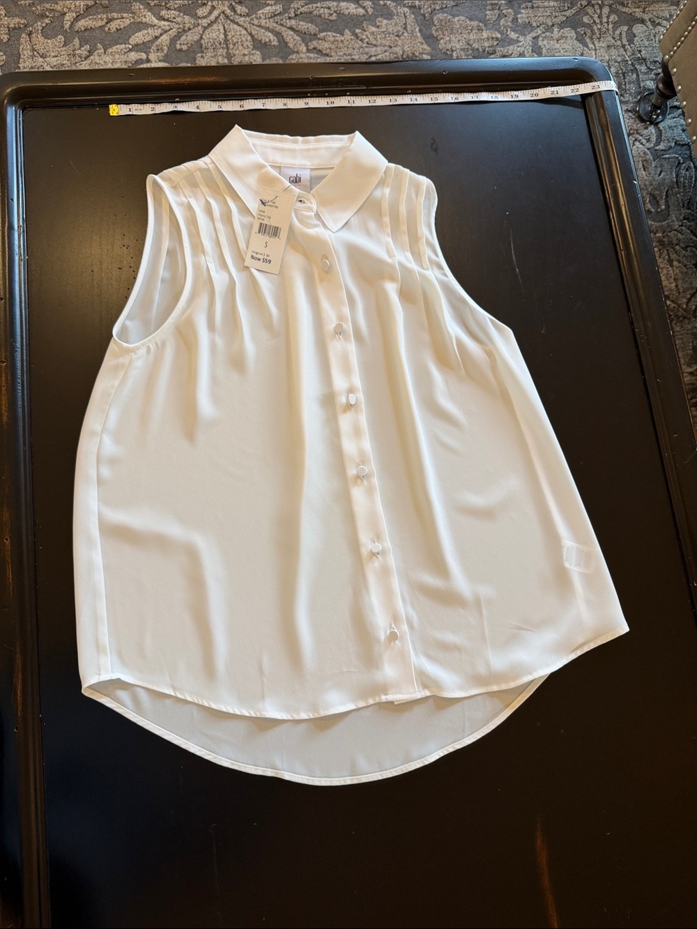 CAbi poetry top White Sleeveless Pleated-Shoulder Button Front Blouse
